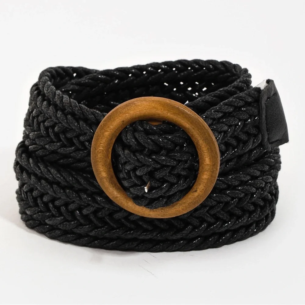 Wooden Circle Buckle Braided Belt 44” | Ivory, Black or Khaki